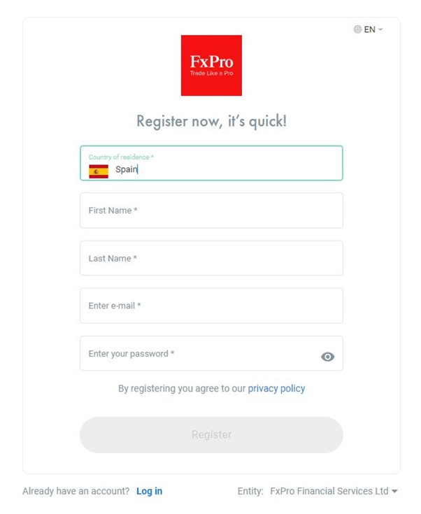 The register form for a FxPro demo account