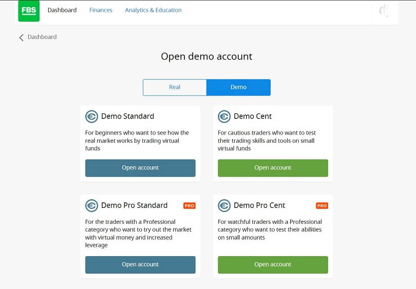 fbs account types available as demo