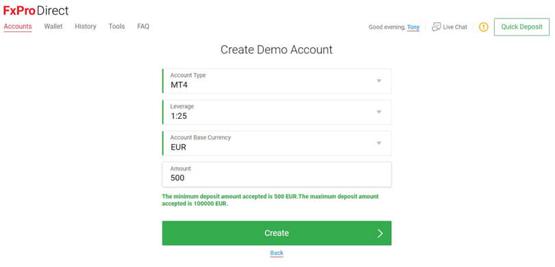 FxPro create demo account