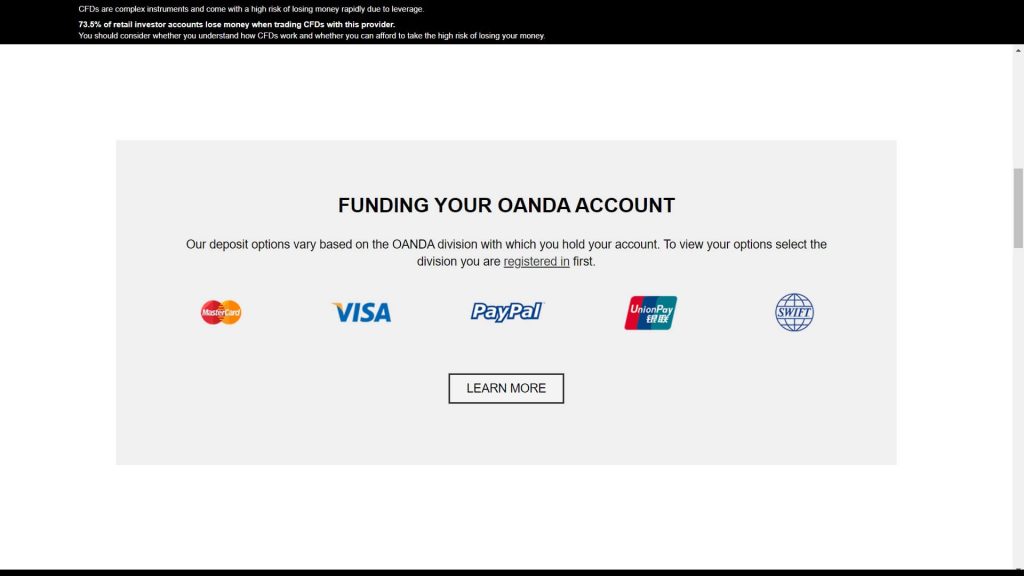 List of deposit methods available with oanda