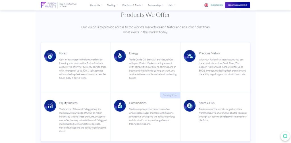 fusion markets products webpage