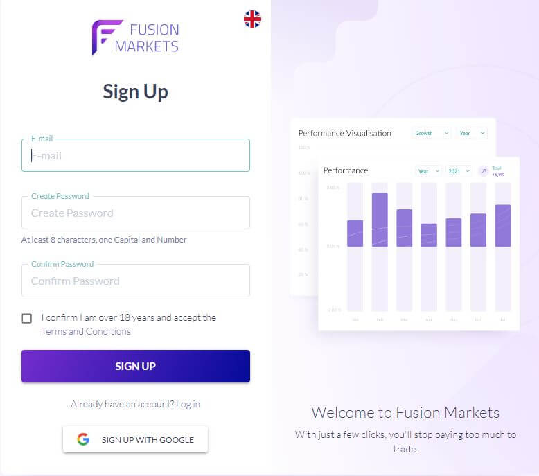 fusion markets demo registration page