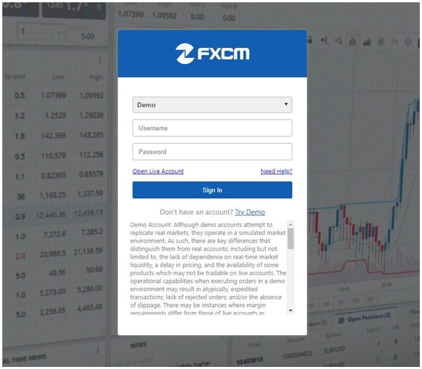 Login into your FXCM demo account