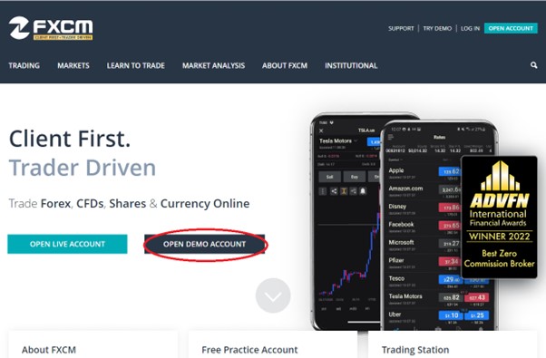 Open a demo account from the FXCM homepage