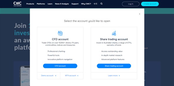 Select the CMC Markets account type you wish