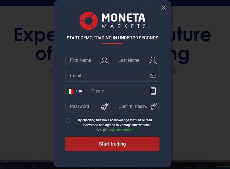 moneta markets registration form for the demo account