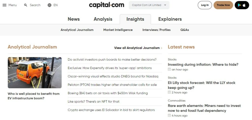 Insights section of Capital.com