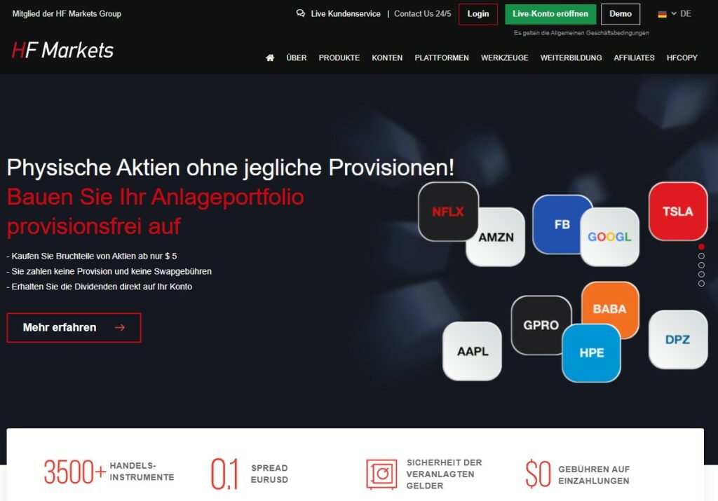 die Homepage von HF Markets