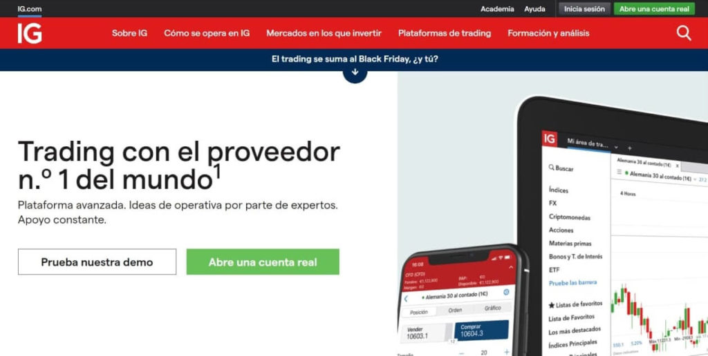 La pagina principal del sito de ig markets