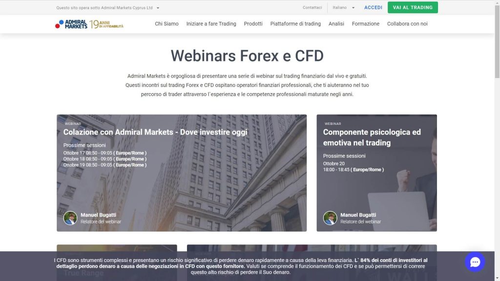 sezione webinars di admiral markets