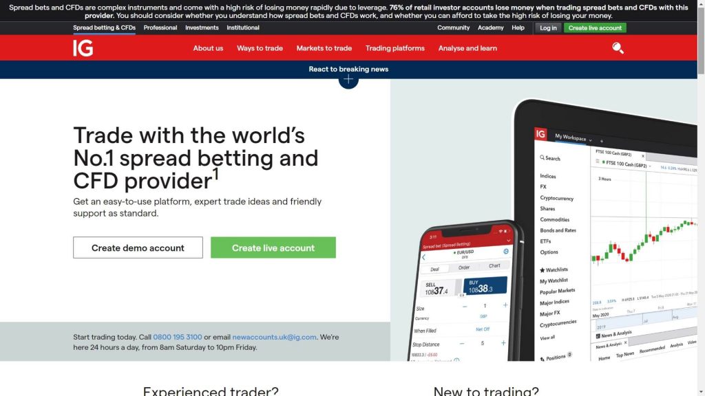 homepage principale di ig markets